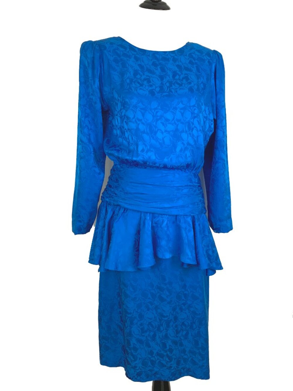 Vintage Argenti Silk Cobalt Blue Peplum Long Sleeve Dress Altered Sz 6-8